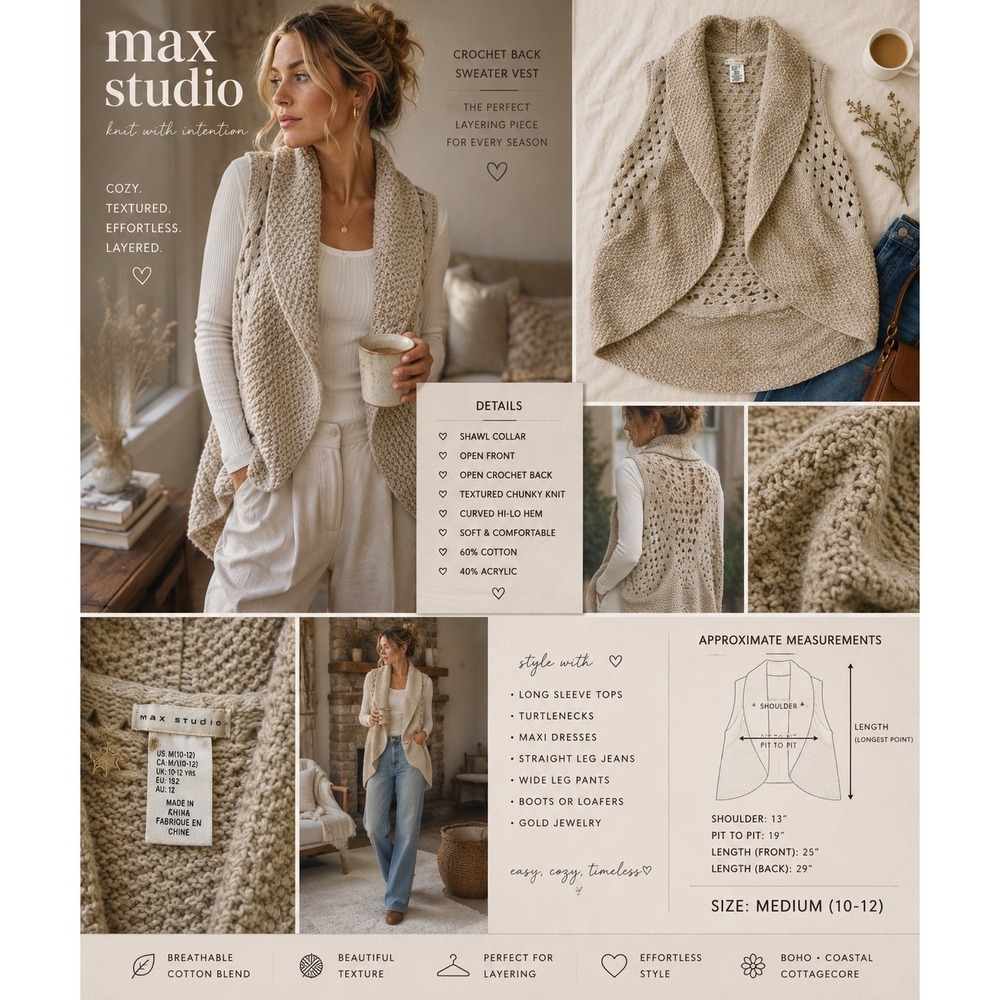 Max Studio Crochet Back Sweater Vest Oatmeal Beige Shawl Collar Boho Knit Medium